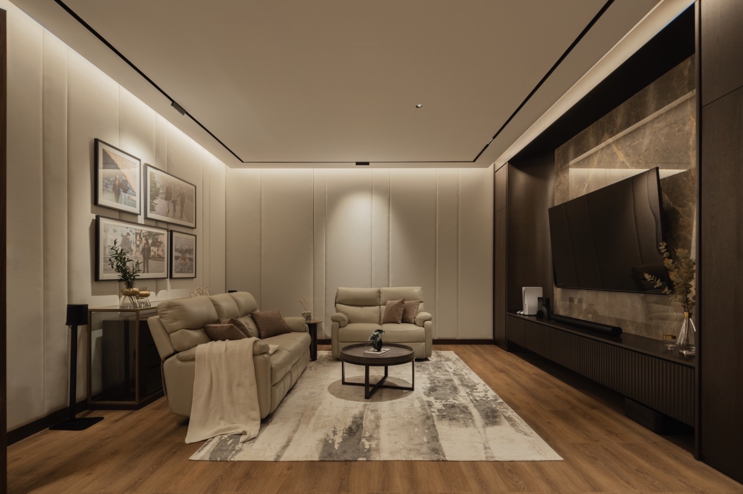 Living room with warm ambient and accent lighting